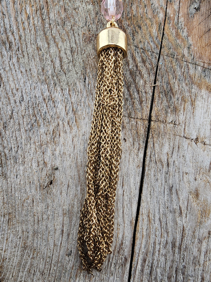 Gold Tone  Tassel Bag Charm Keychain with Pink Bead Accent
