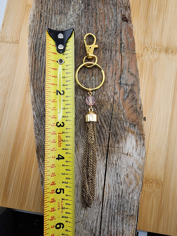 Gold Tone  Tassel Bag Charm Keychain with Pink Bead Accent