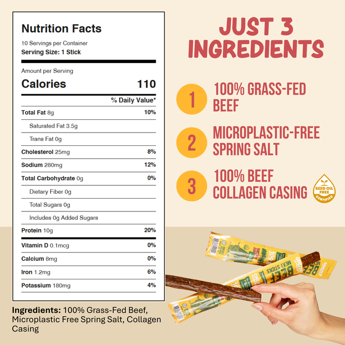 Grass-Fed Beef Meat Sticks – 100% Grass-Fed & Finished, 3 Ingredients