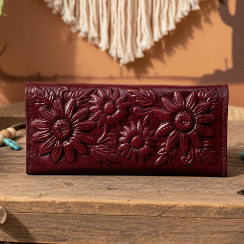 Hand-Tooled Maroon Floral Leather Western Wallet