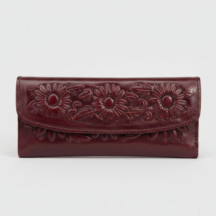 Hand-Tooled Maroon Floral Leather Western Wallet