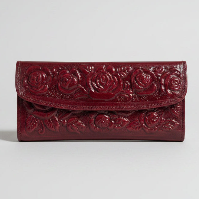 Hand-Tooled Maroon Floral Leather Western Wallet