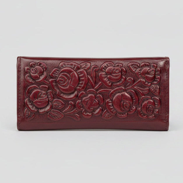Hand-Tooled Maroon Floral Leather Western Wallet