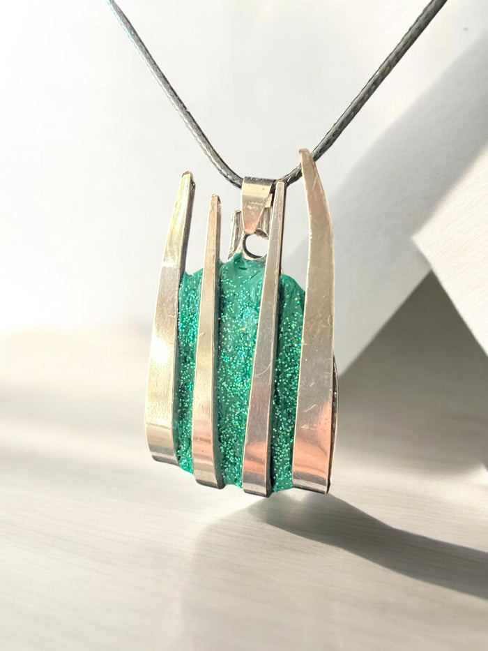 Handcrafted Metal Necklace With Green Glitter Polymer Clay