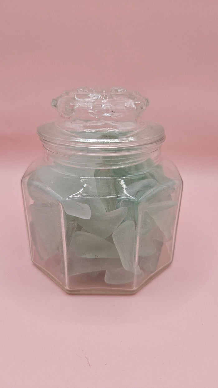 Hexagonal Glass Jar with Aqua Sea Glass