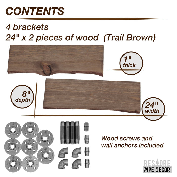 Live Edge Wood Shelf with L-Shaped Pipe Brackets (2-Pack)