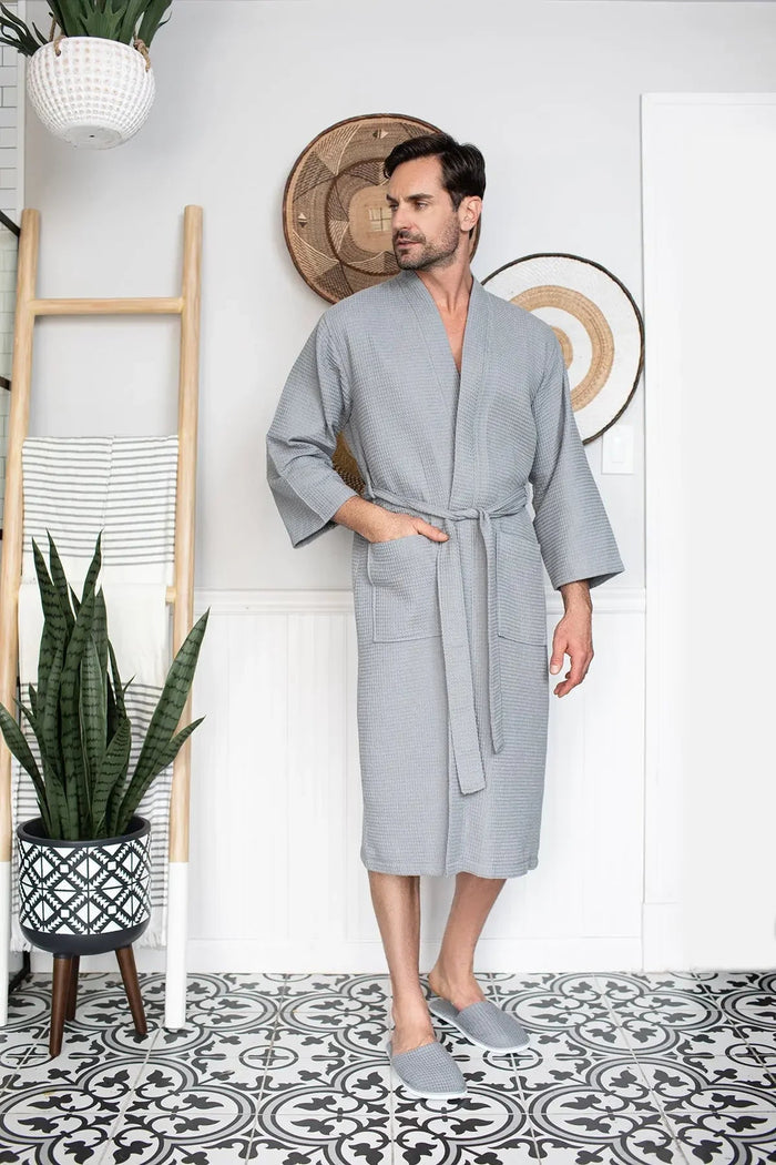 Men's Waffle Spa Robe – Lightweight Quick-Dry Kimono Bath Robe