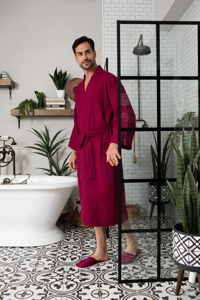 Men's Waffle Spa Robe – Lightweight Quick-Dry Kimono Bath Robe