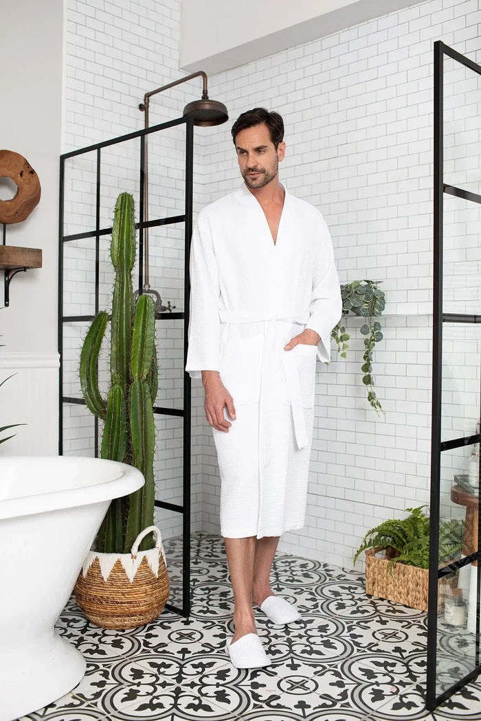 Men's Waffle Spa Robe – Lightweight Quick-Dry Kimono Bath Robe