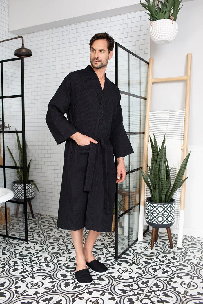 Men's Waffle Spa Robe – Lightweight Quick-Dry Kimono Bath Robe