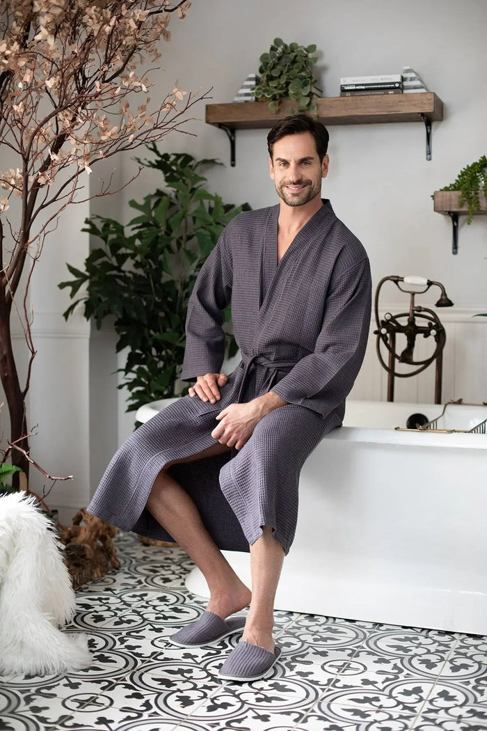 Men's Waffle Spa Robe – Lightweight Quick-Dry Kimono Bath Robe