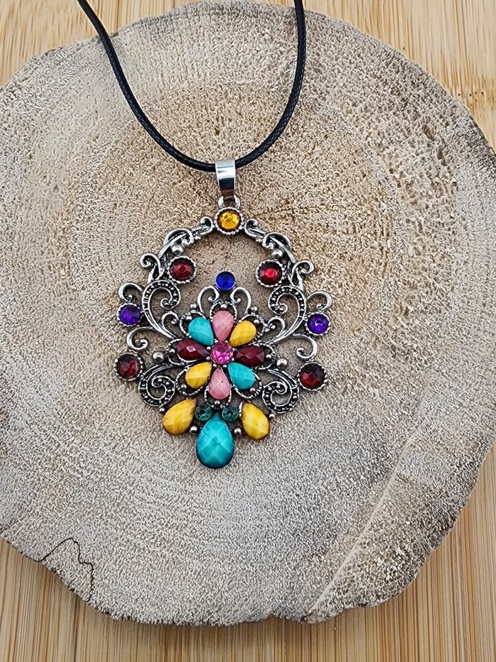 Multicolor Floral Gem Pendant 18in Adj Necklace - Women Jewelry