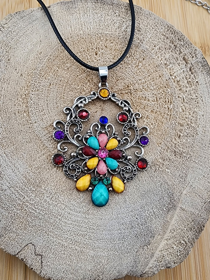 Multicolor Floral Gem Pendant 18in Adj Necklace - Women Jewelry