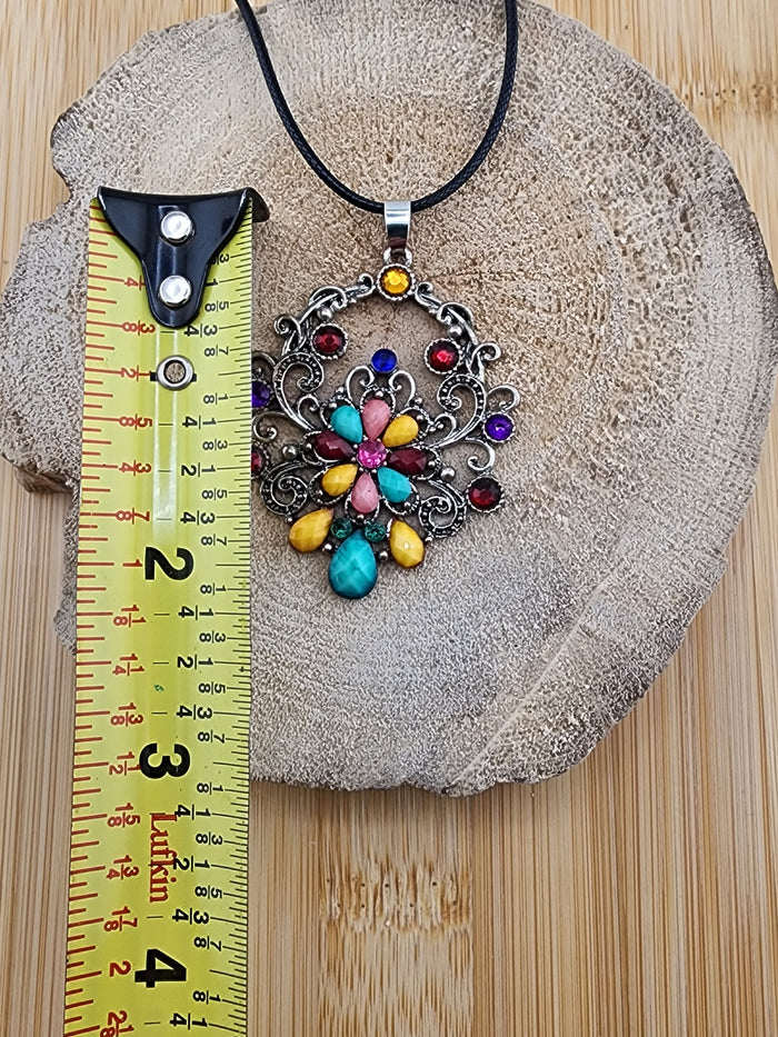 Multicolor Floral Gem Pendant 18in Adj Necklace - Women Jewelry