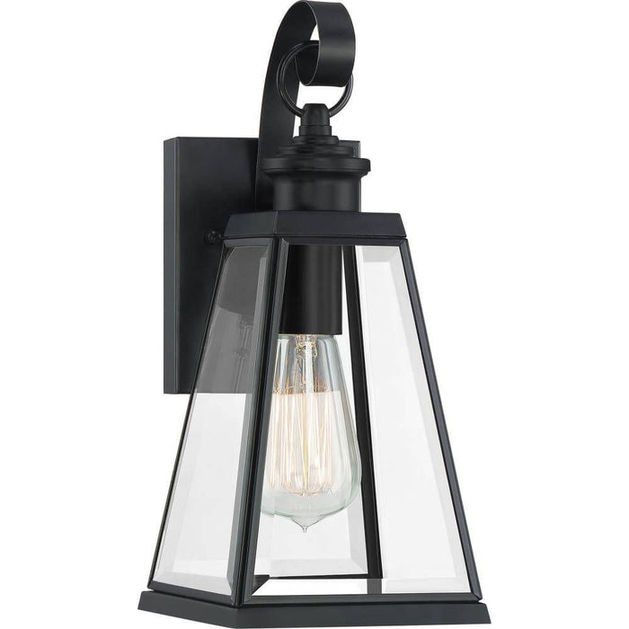Matte black wall sconce, by Quoizel, for hallway or living room