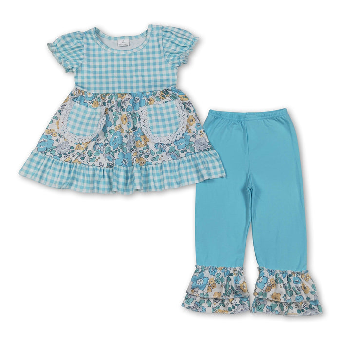 Plaid Floral Short Sleeve Tunic & Pants Set