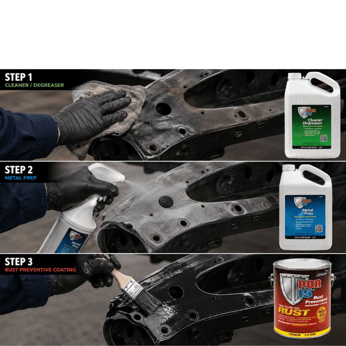 POR-15 3 Step Rust Prevention Kit, Gallon Semi-Gloss Black+Cleaner+Metal Prep -45401-40201-40104 - Eagle National Supply