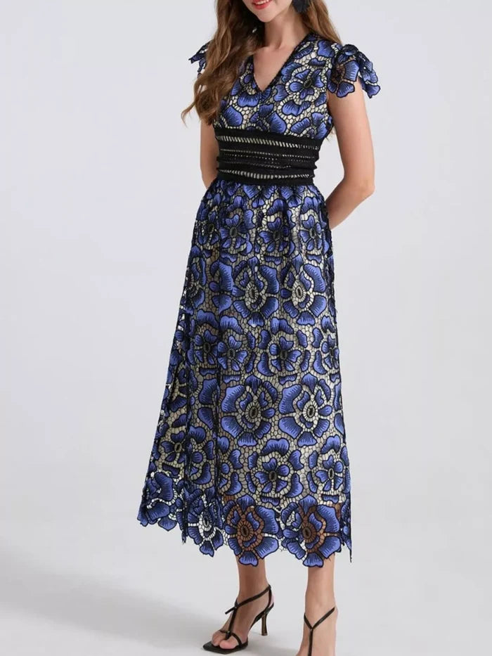 Printed V-Neck Ruffle Sleeve Midi Dress