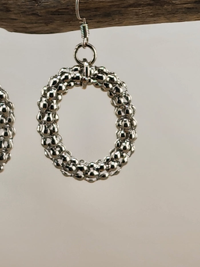 Silver Tone Beaded Hoop Earrings - Women Jewelry 0576