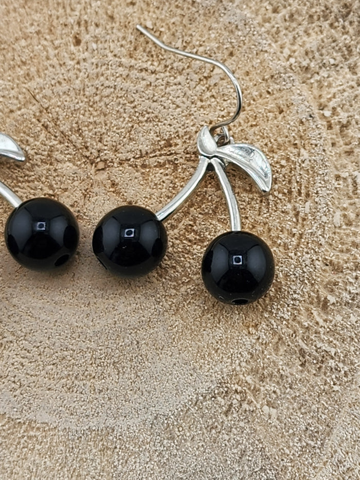 Silver Tone Cherry Dangle Earrings with Black Beads