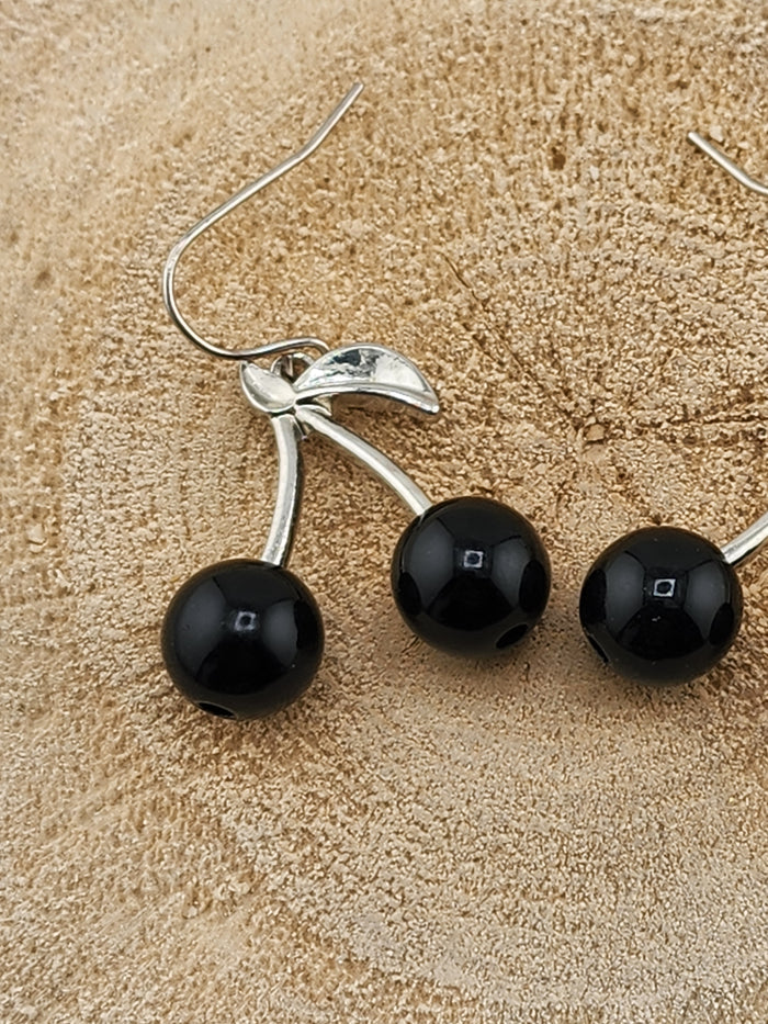 Silver Tone Cherry Dangle Earrings with Black Beads