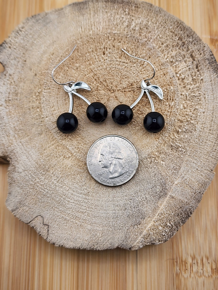 Silver Tone Cherry Dangle Earrings with Black Beads