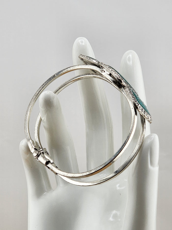 Silver-Tone Teal Glitter Square Cuff Bracelet 0545