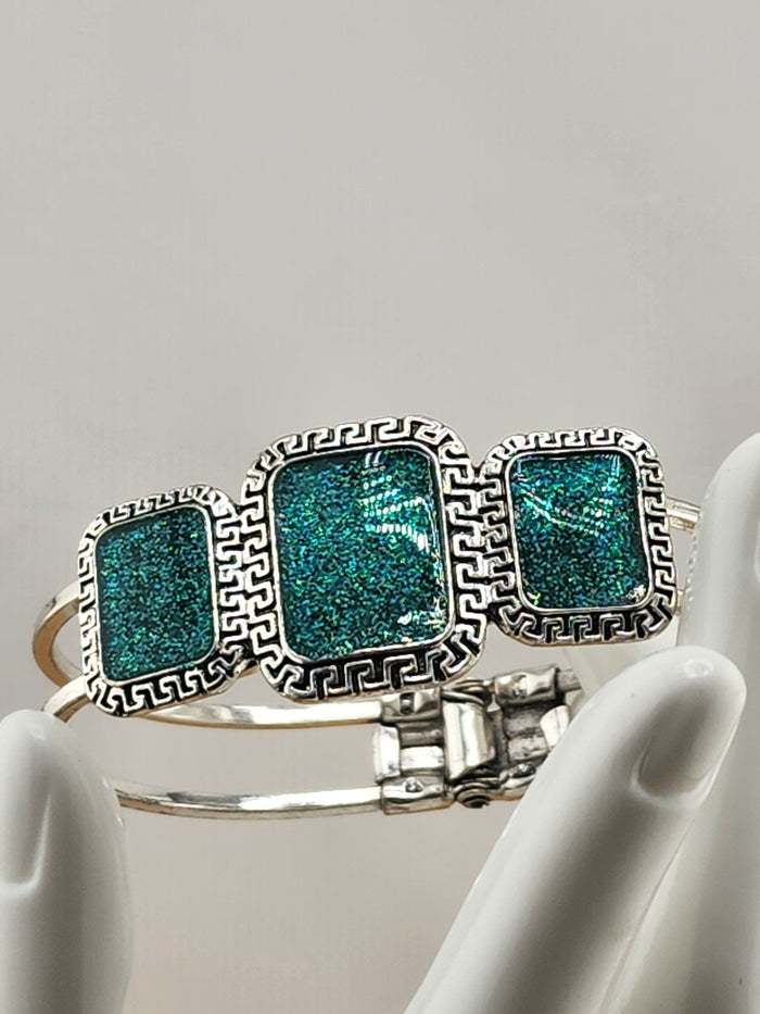 Silver-Tone Teal Glitter Square Cuff Bracelet 0545