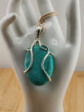 Silver Tone Wrapped Turquoise Pendant Necklace - Teal Blue