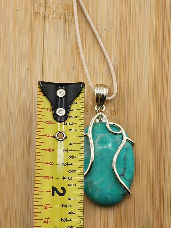 Silver Tone Wrapped Turquoise Pendant Necklace - Teal Blue