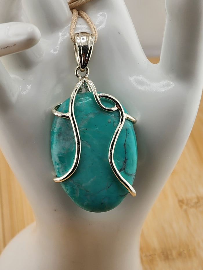 Silver Tone Wrapped Turquoise Pendant Necklace - Teal Blue