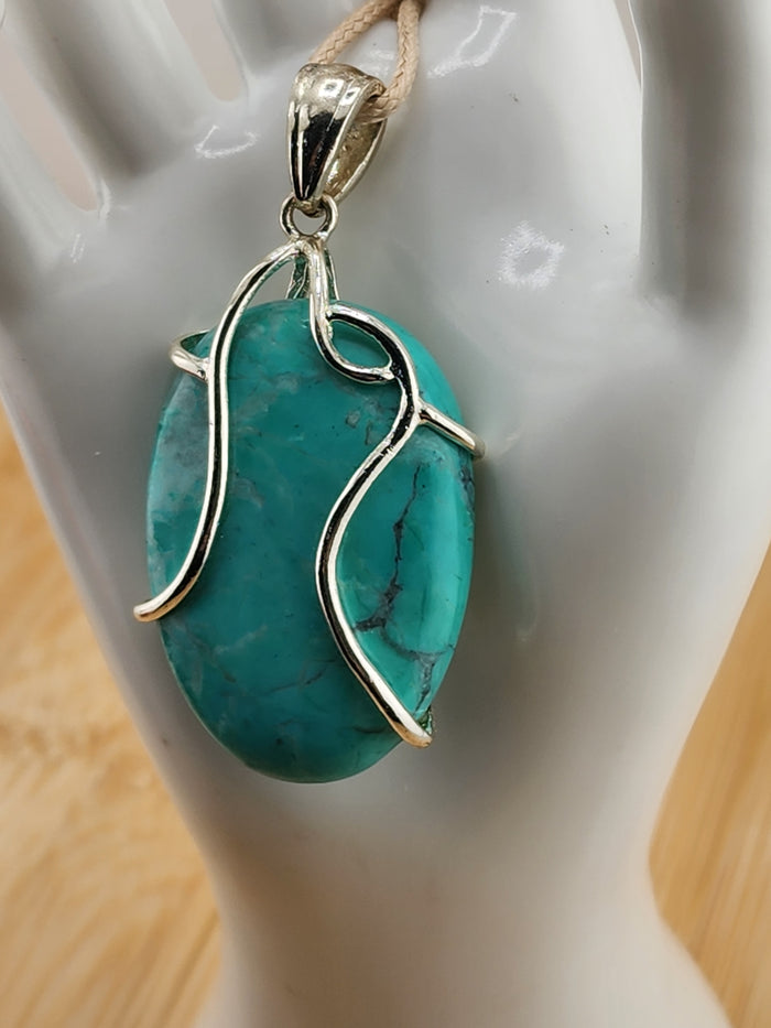 Silver Tone Wrapped Turquoise Pendant Necklace - Teal Blue