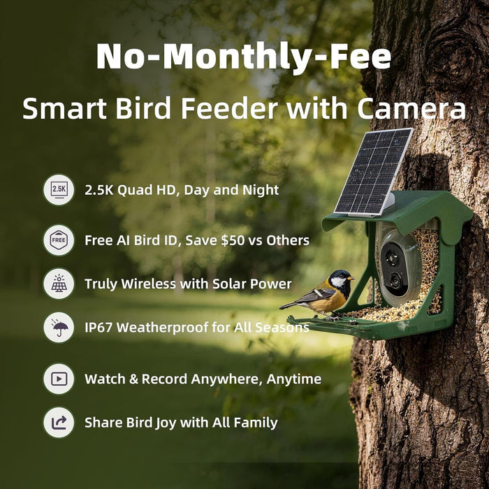 Solar-Powered Smart Bird Feeder with 2.5K HD WiFi Camera