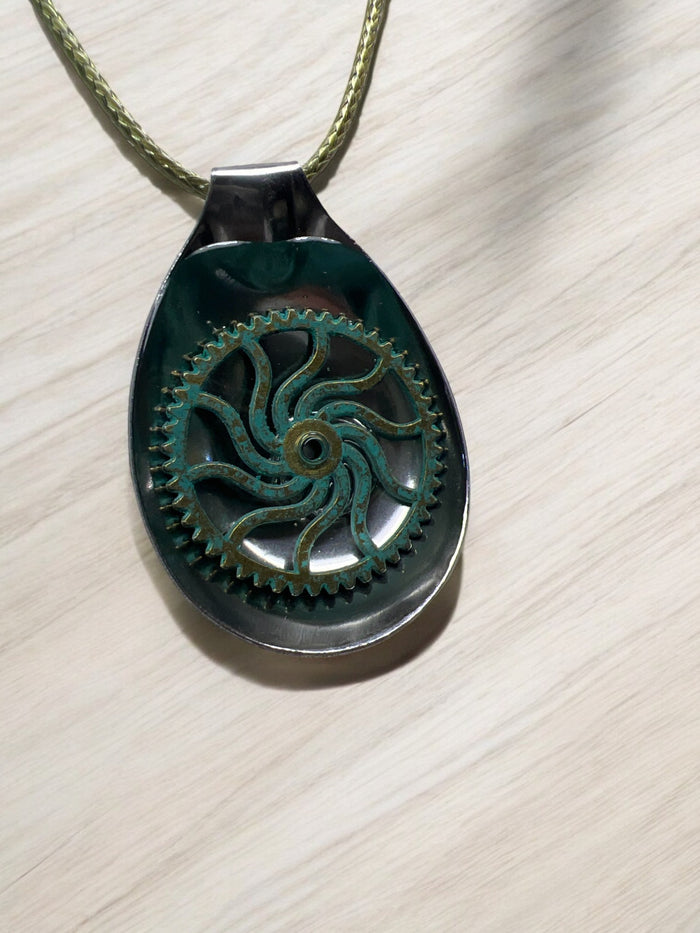 Spoon Pendant With Steampunk-Style Gear Comes With 18" Adjustable Necklace