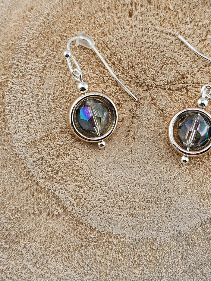 Sterling Silver Tone Iridescent Glass Drop Earrings - Gray