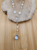 Sterling Silver Tone White and Gray Beaded Y-Drop Necklace