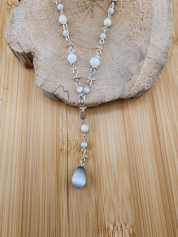Sterling Silver Tone White and Gray Beaded Y-Drop Necklace