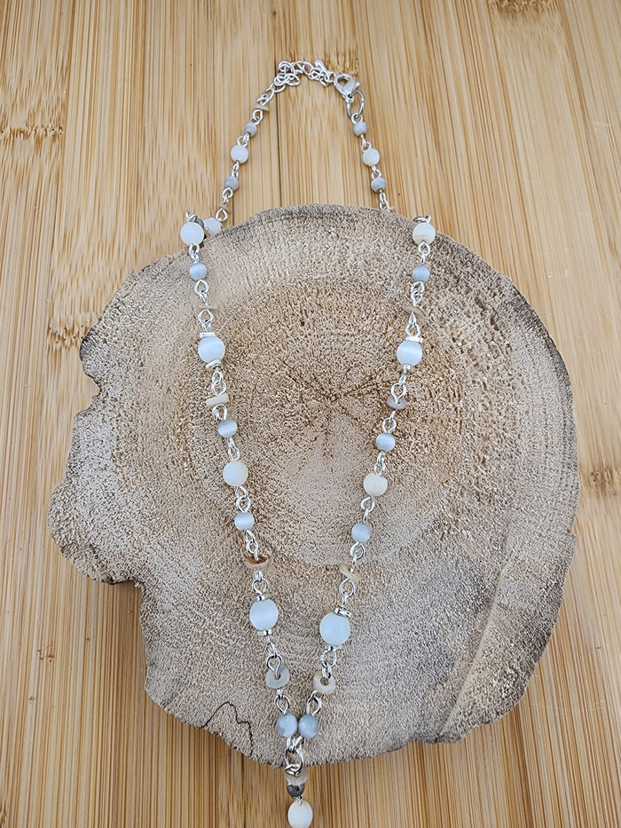 Sterling Silver Tone White and Gray Beaded Y-Drop Necklace