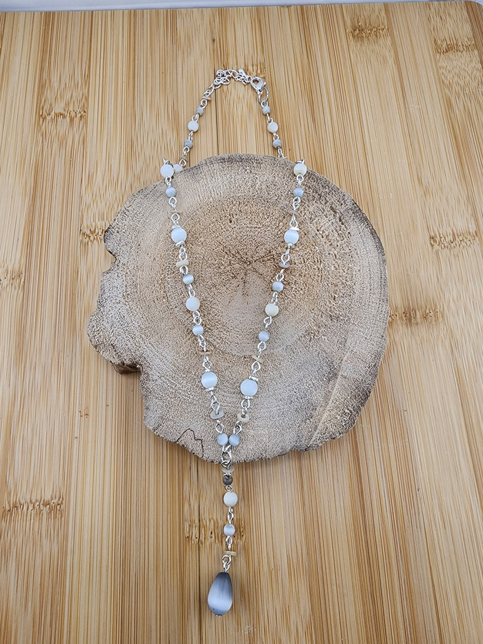 Sterling Silver Tone White and Gray Beaded Y-Drop Necklace