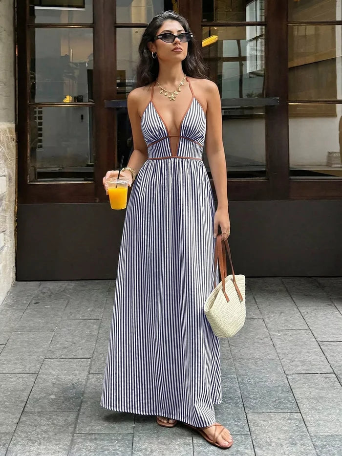 Striped Halter Neck Smocked Maxi Dress