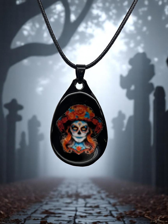 Sugar Skull Female Wearing Decorative Hat With 18" Adjustable Cord Necklace
