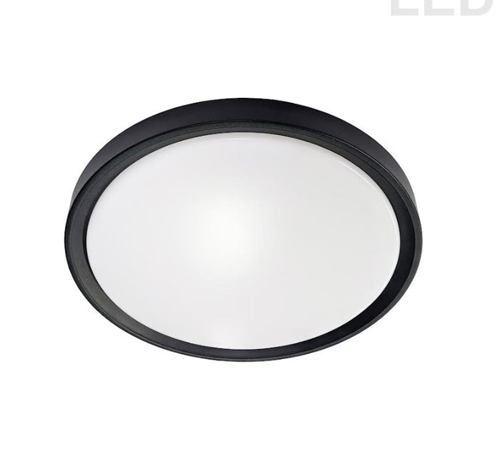 Black / white flush-mount ceiling light, by Votatec, for hallway, bedroom, or entryway, side view