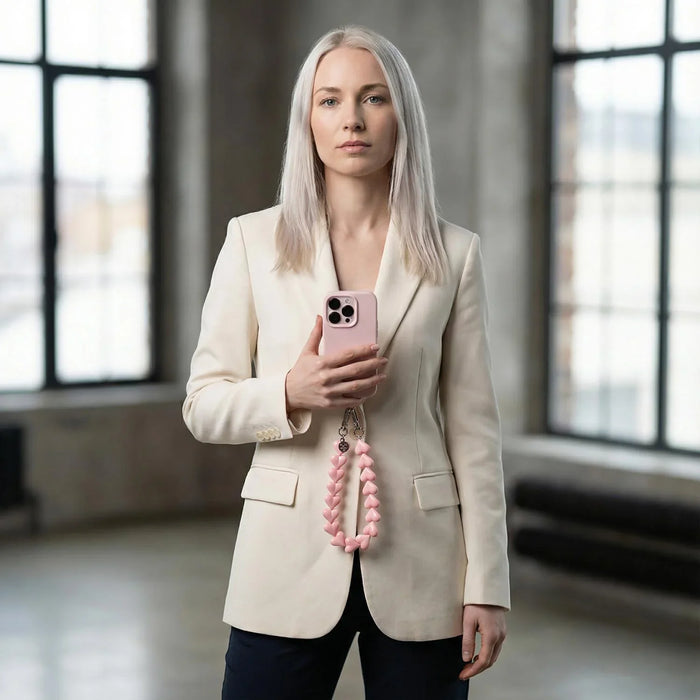 Telefoonkoord Heart - effen roze - zilver