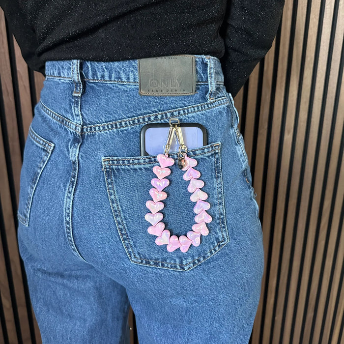 Telefoonkoord Heart - roze glimmend - zilver