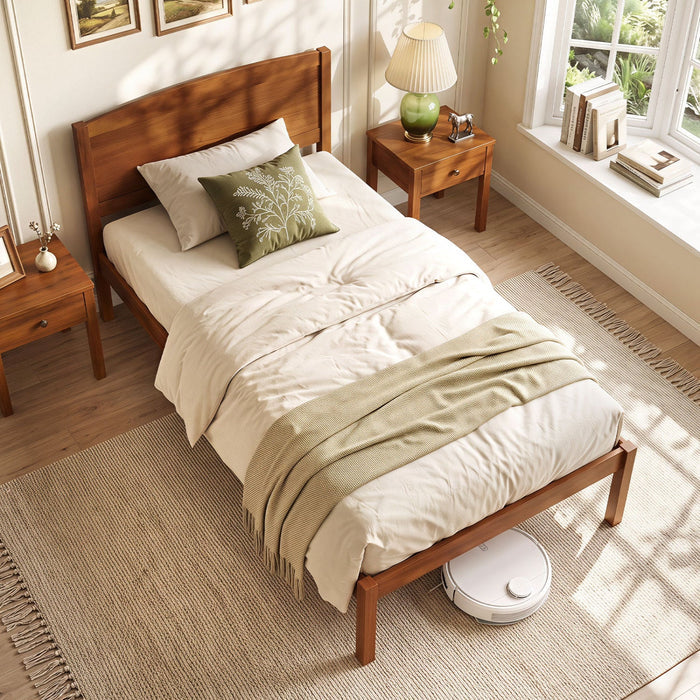 Twin Platform Bed Frame with Curved Wood Headboard