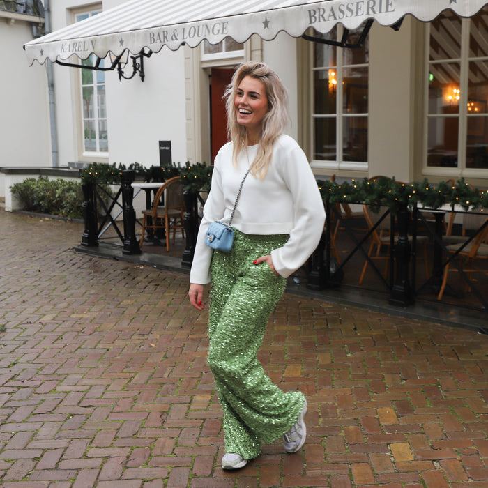UNICORN ladies Luxury Sparkle Pants Pistachio Green – Straight Leg Sequin Trousers xs s m l xl