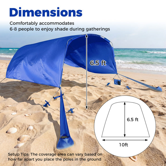 Blue beach canopy on a sandy beach with ocean view, showing dimensions and setup tips.