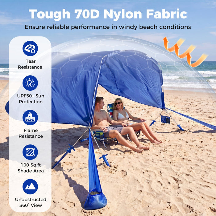 Blue beach tent with features listed on a sandy beach with ocean view