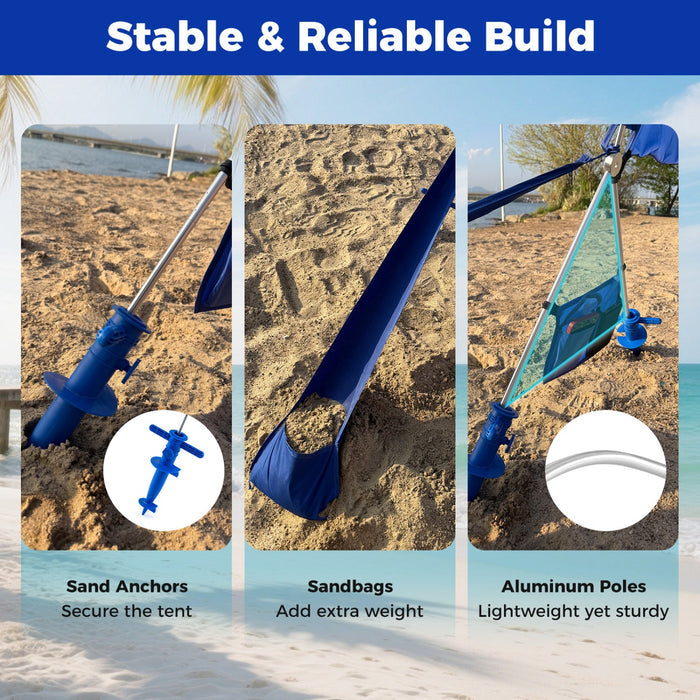 Hammock setup with sand anchors, sandbags, and aluminum poles on a beach.