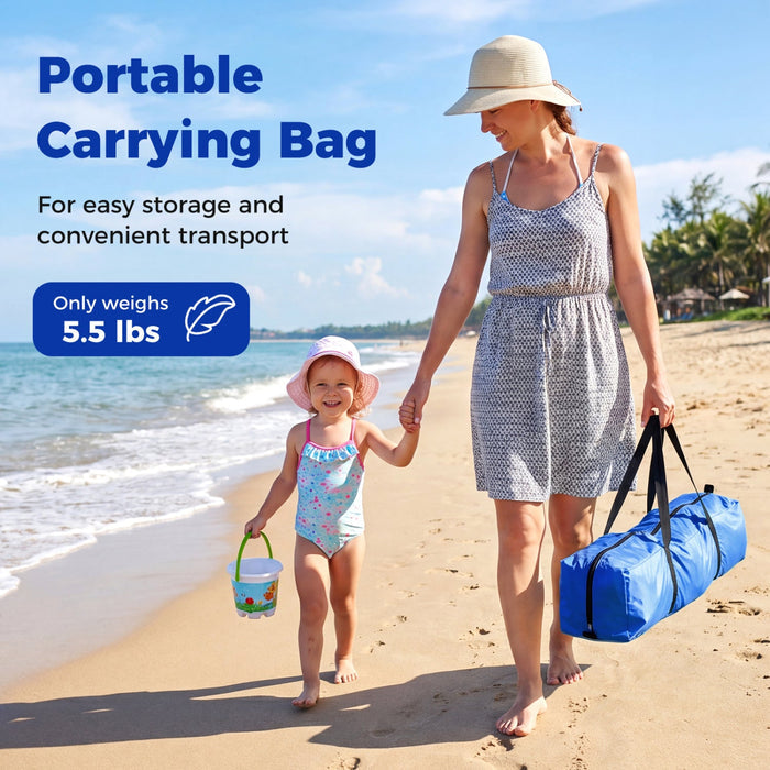 A woman and a child walk hand in hand on a sandy beach while carrying a blue portable duffel bag. The image includes text overlays that read 'Portable Carrying Bag' and 'For easy storage and convenient transport' along with 'Only weighs 5.